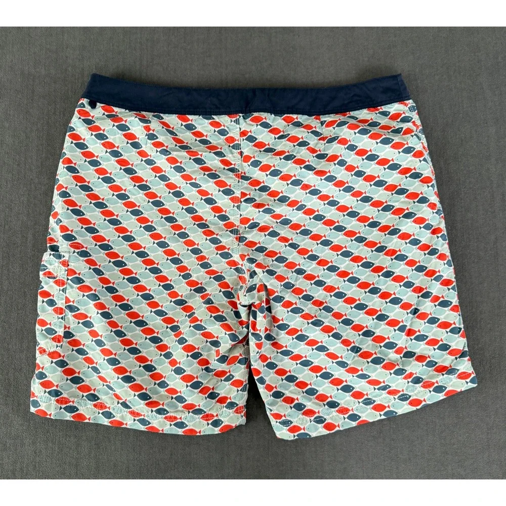 J. Crew Swim Trunks Mens Size 35 Fish Print Navy Blue Drawstring Board Shorts